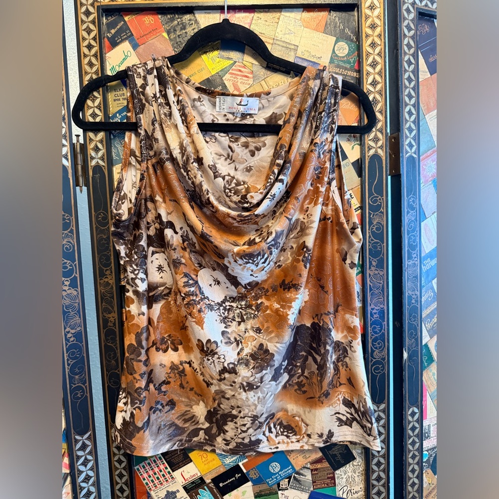 Cowl Neck Sleeveless Floral Tank - Rustic Brown & Cream